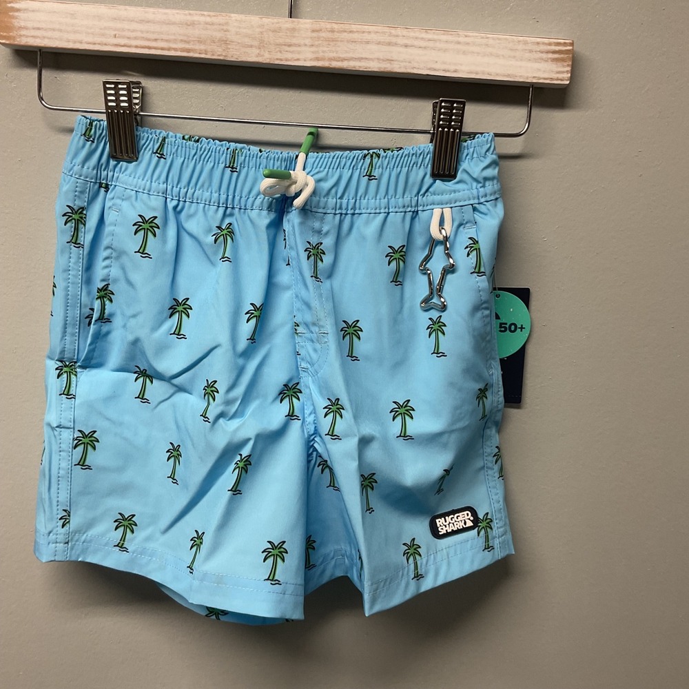 Rugged‎ Shark Kids Swim Blue Palm Tree Size S/P 6-7Elastic Waist Drawstring